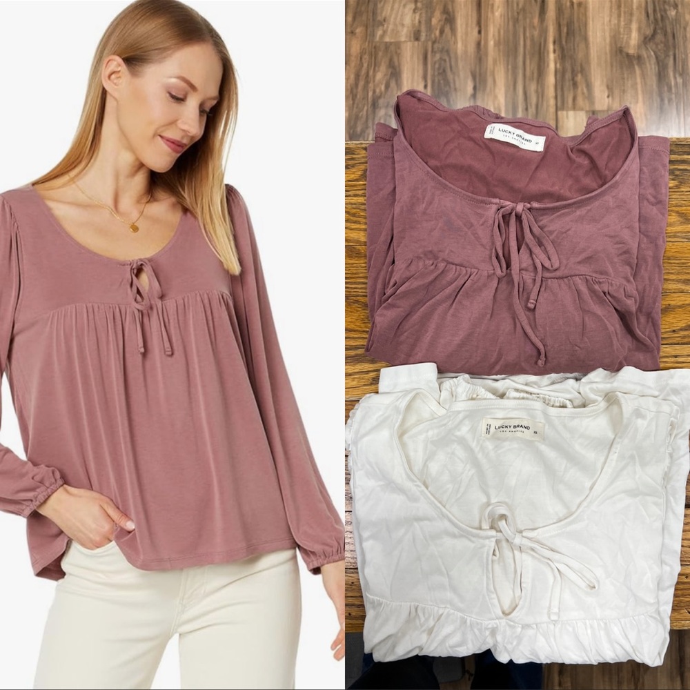 LUCKY BRAND | Sandwashed tie front boho peasant top: mauve & ivory available